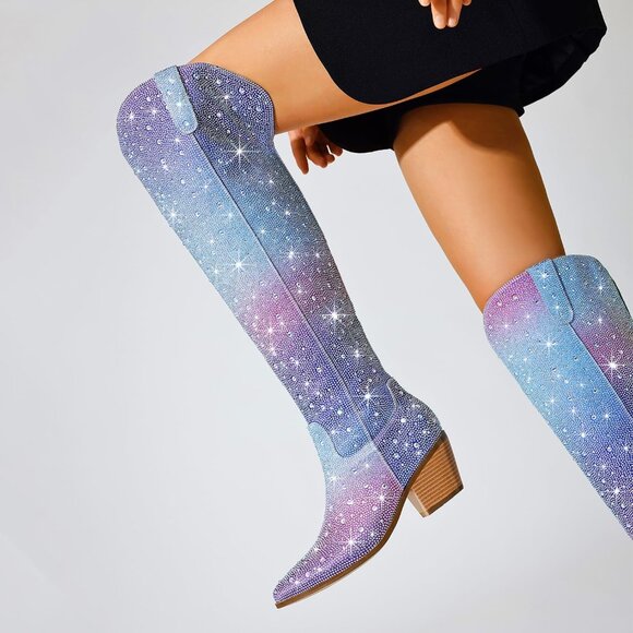 Women Blue&pink Faux Leather Sparkly Bling Rhinestone Over the Knee Cowboy Boots - Picture 6 of 10